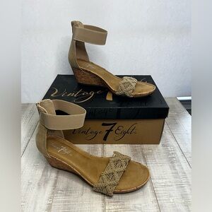 Vintage 7 Eight Tan Wedge Sandals Size 8M Crochet: Timeless Elegance